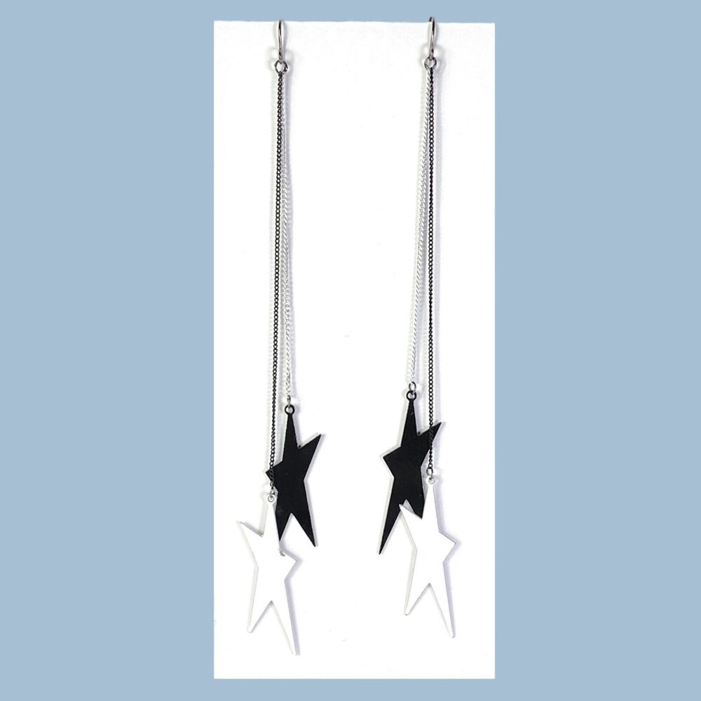 Black White Star Dangle Earrings Long Chain Drop Charms Punk Retro Hooks Jewelry